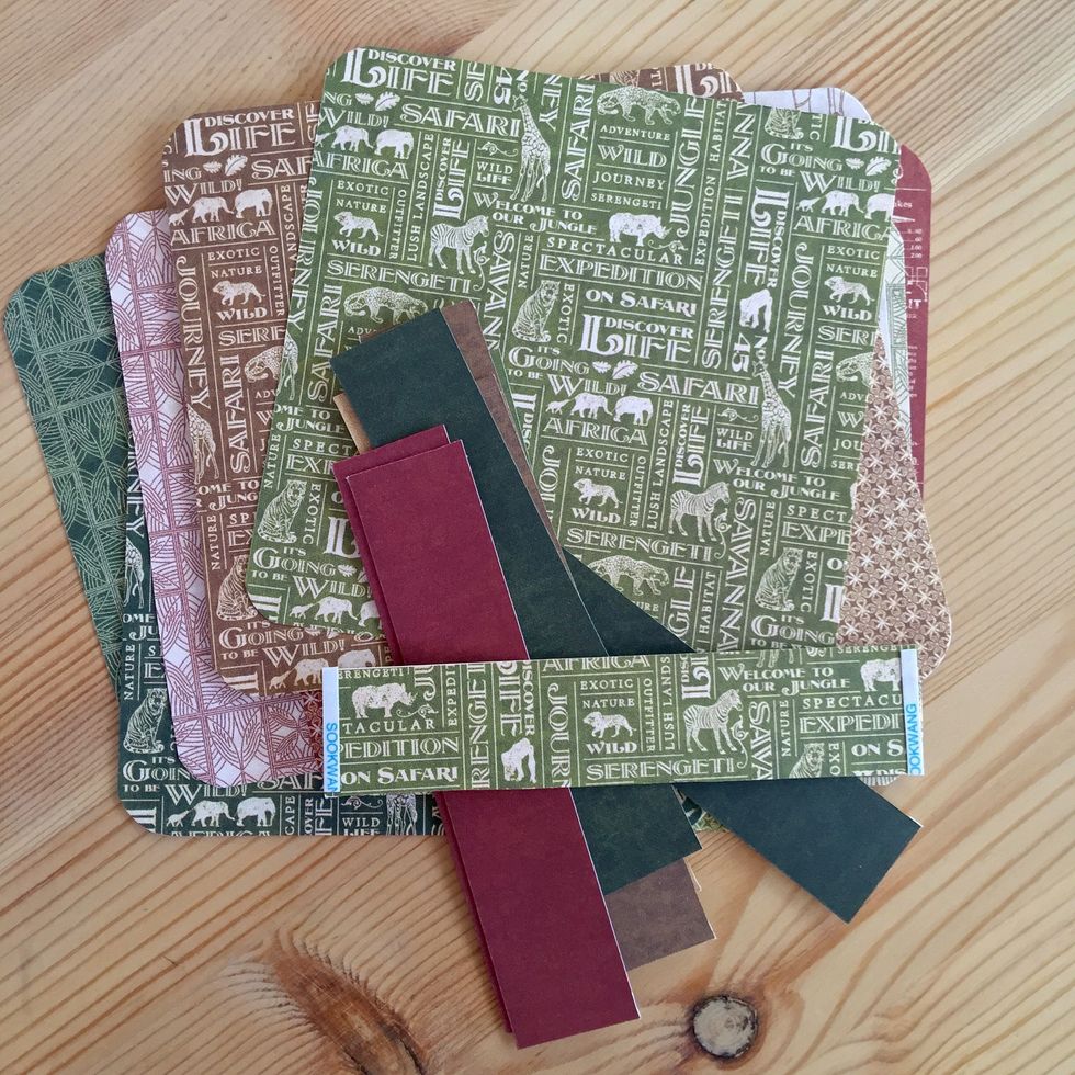 We will need some 5x5 in papers to partially cover the album pages and some 5x1 in strips more to stick on the pieces of paper as I'll show you later.