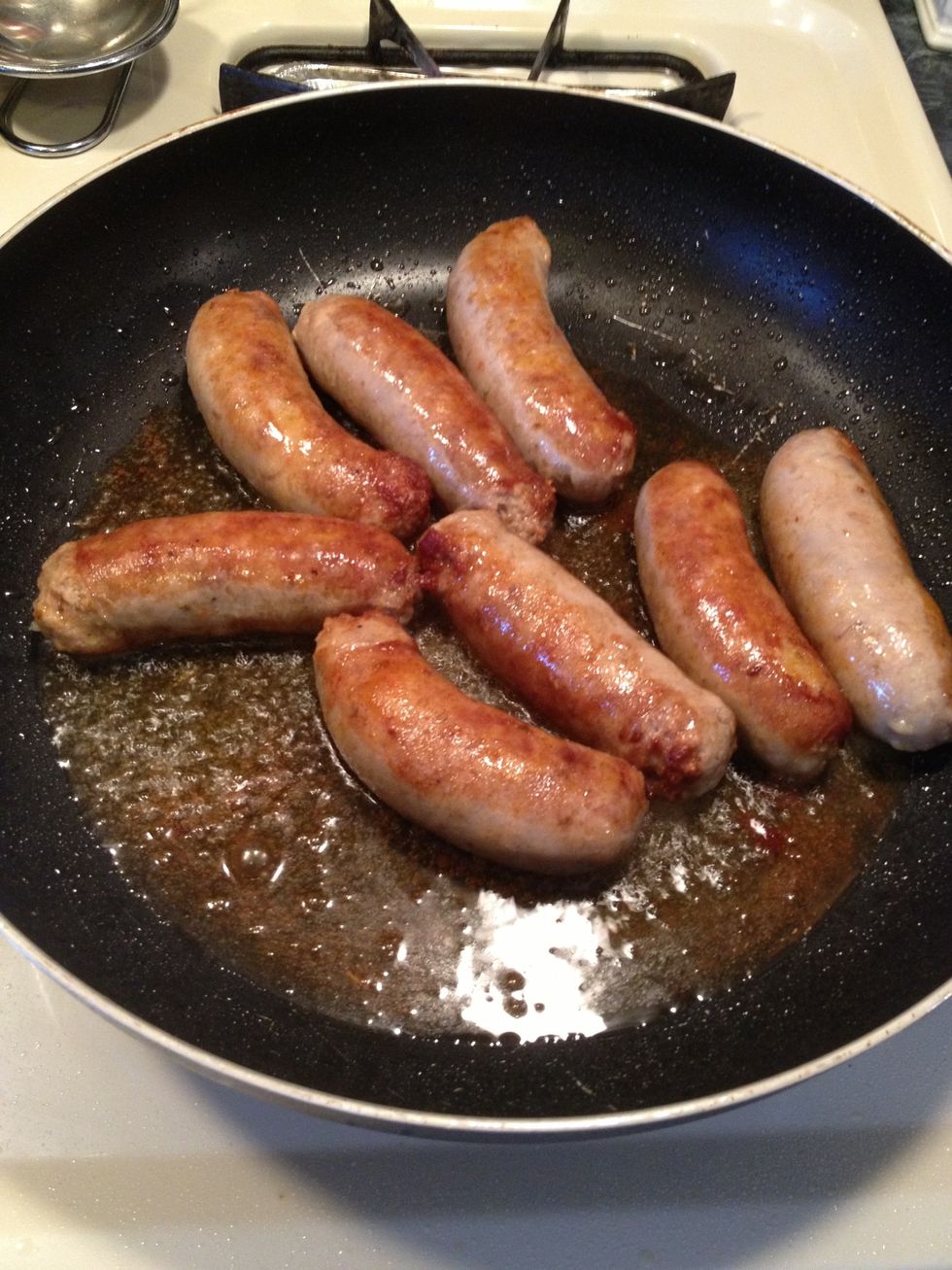 We will need to brown all sides of the sausages. This will take about 10-12 minutes.