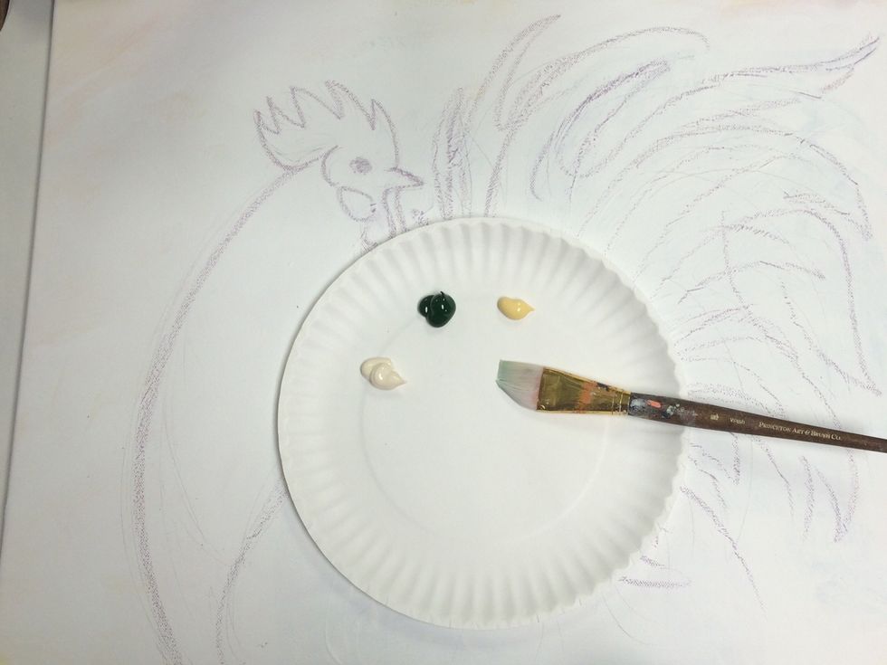 We will paint the background first using off white, yellow, and dark green. You are welcome to use any colors you wish on this painting.