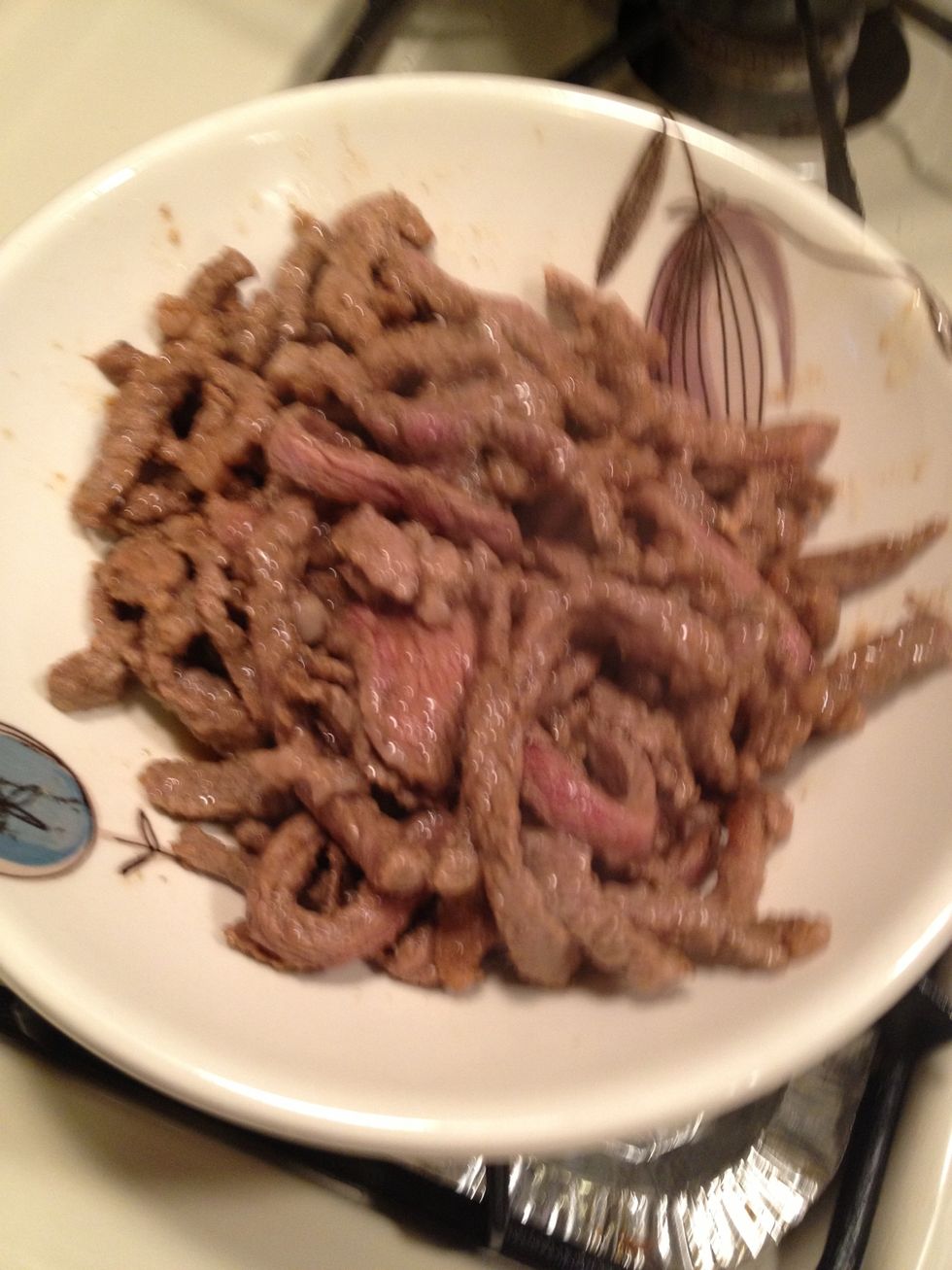 We will put it in a bowl. The meat will be sitting in a pool of liquid remove it and set it aside or discard. You can use it to put over the beef when done if you like.