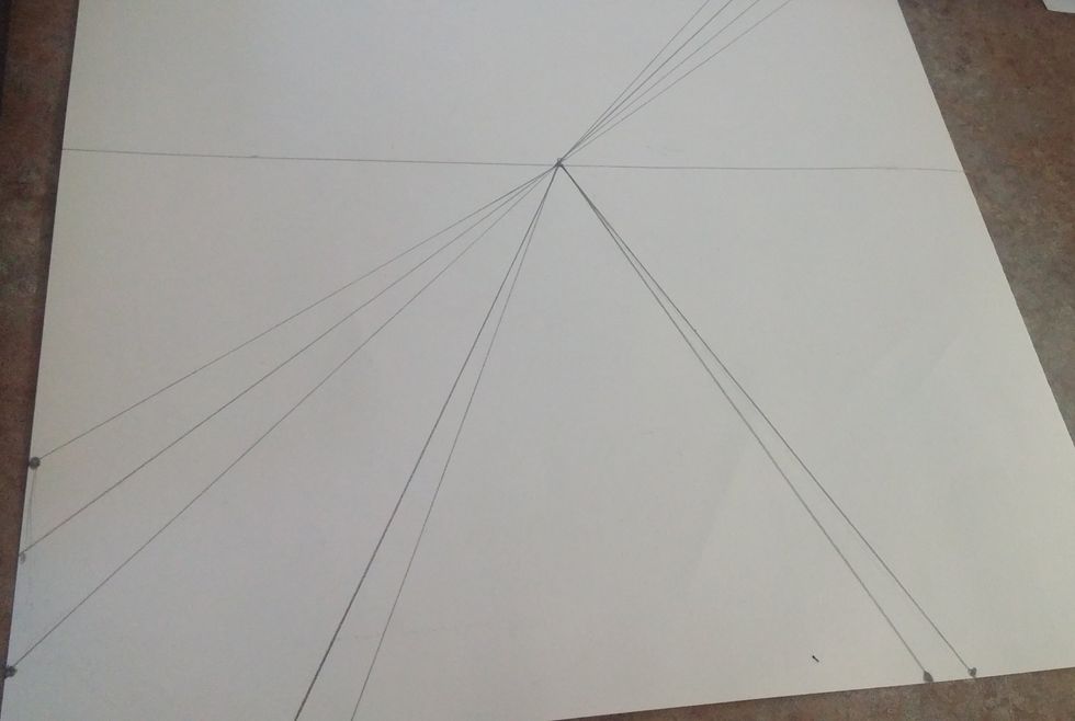 We will start on the railroad now. Add two lines, about 1/2 an inch on the outside from the original lines converging to the middle vanishing point.  This will be where the end of the boards go.