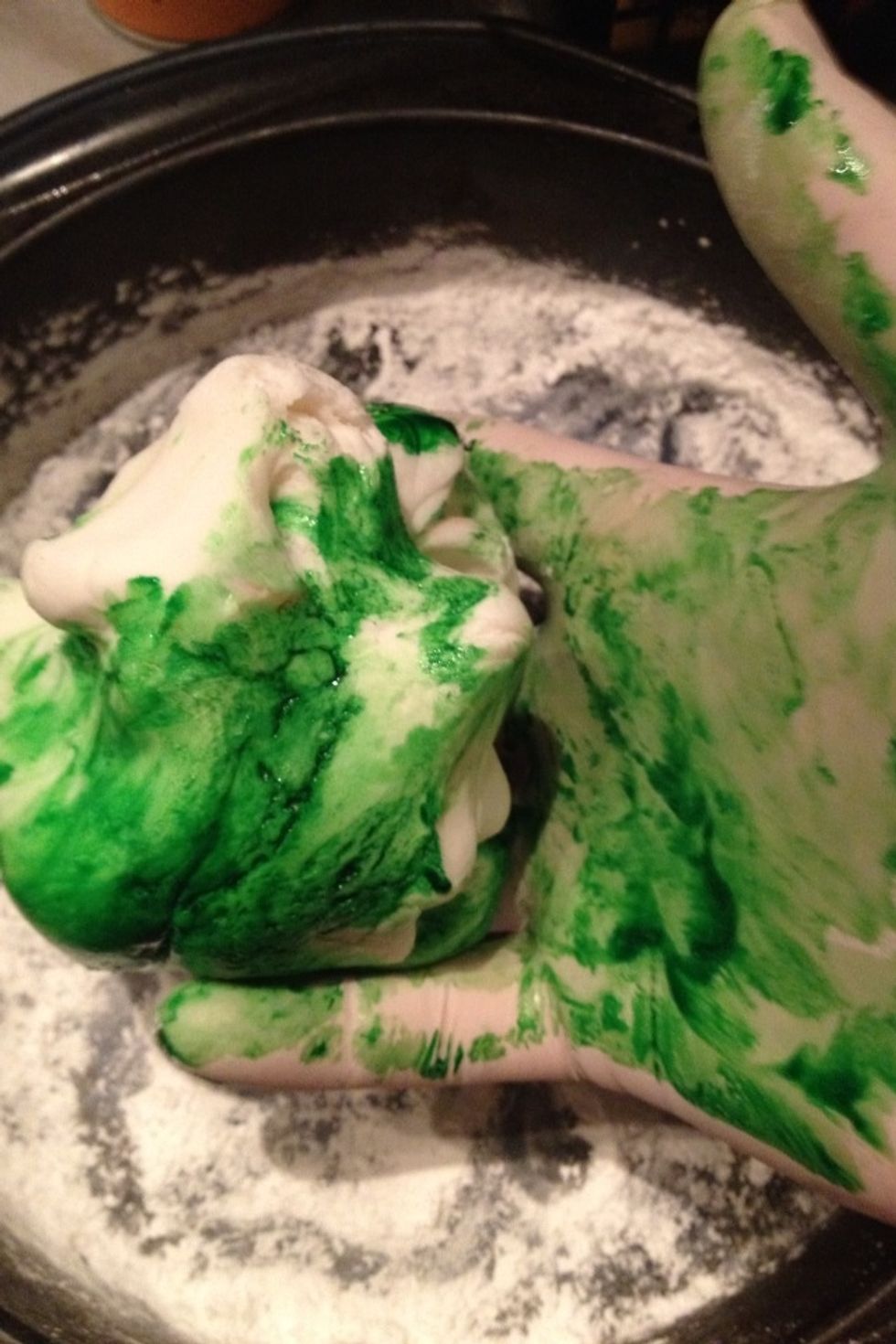 Wear gloves or you will have green hands lol color your fondant