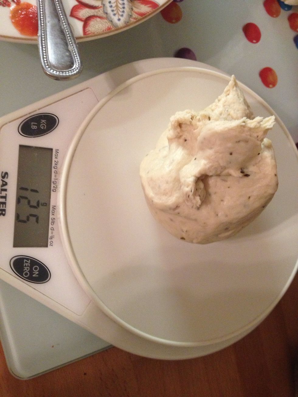 Weigh 125g of proved dough per pizza... Total will make about 8 pizzas