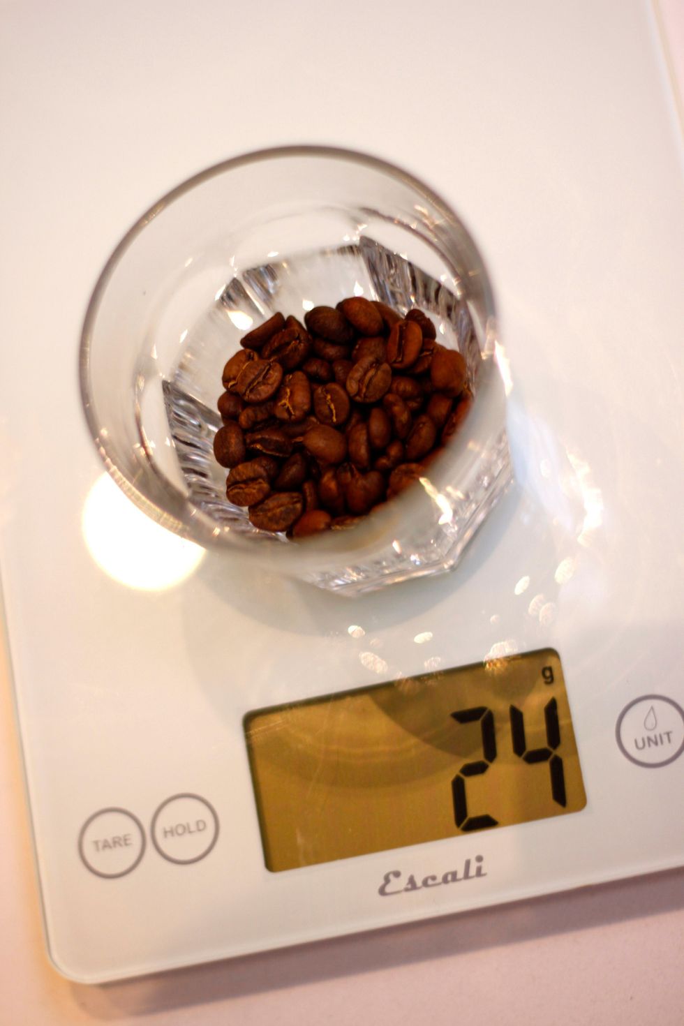 Weigh out 24 grams of good beans. We used a light roast to let the quality of the beans shine through.