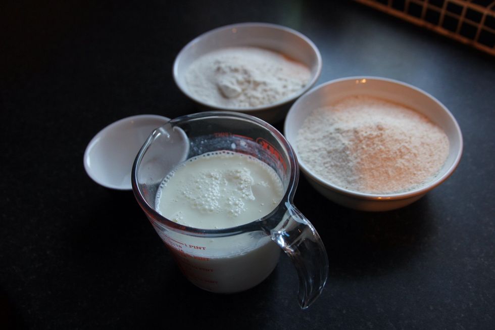 Weigh out ingredients. If you can't get buttermilk use natural yoghurt. Alternately use 420ml of milk, stir in 2 tablespoons of lemon and leave for 15 minutes.