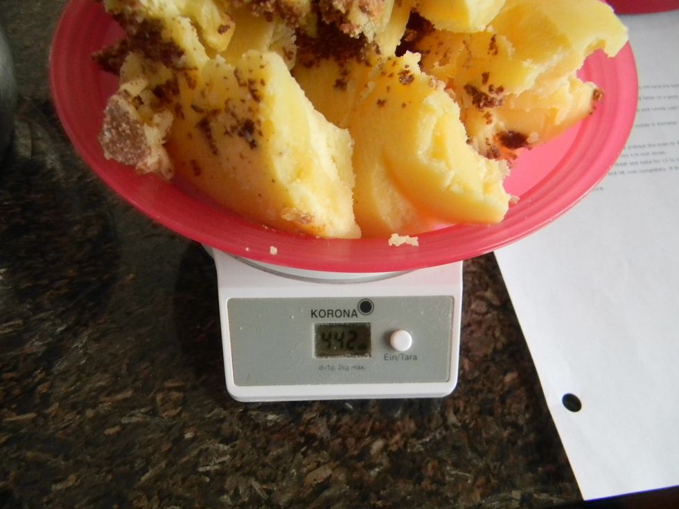 Weigh the butter again to see how much evaporated. I lost about 20 g so I will just stick to the recipe. If for whatever reason, you have less then 400 g  convert the rest of the ingredients to match.