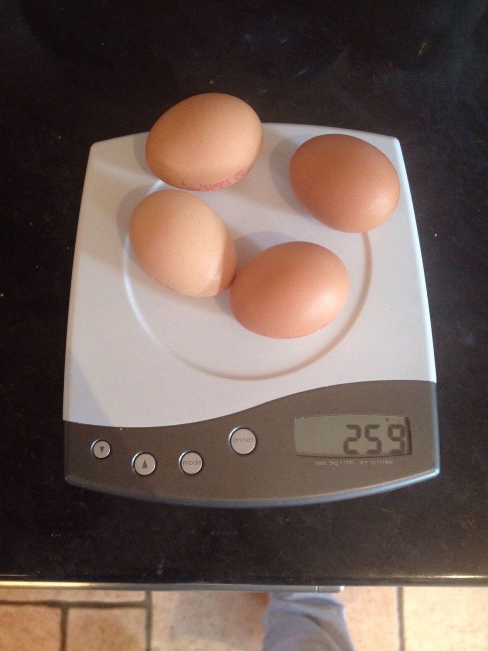 Weigh the eggs. This will be the set weight for the flour, sugar and butter.