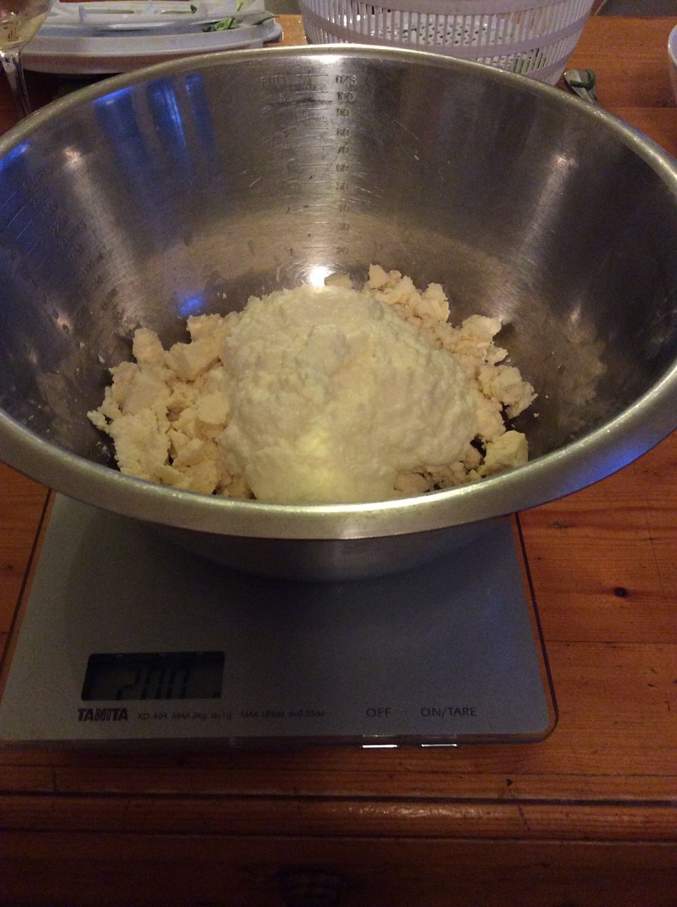 Weigh the right amount of ricotta (250g) and tip into mixing bowl.