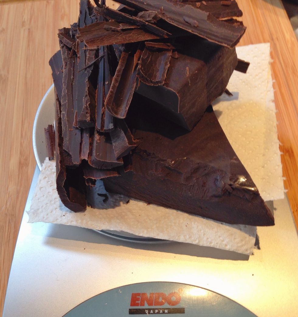 Weight chocolate and set aside 200gm for melting process and the remaining 150gm for the batter.