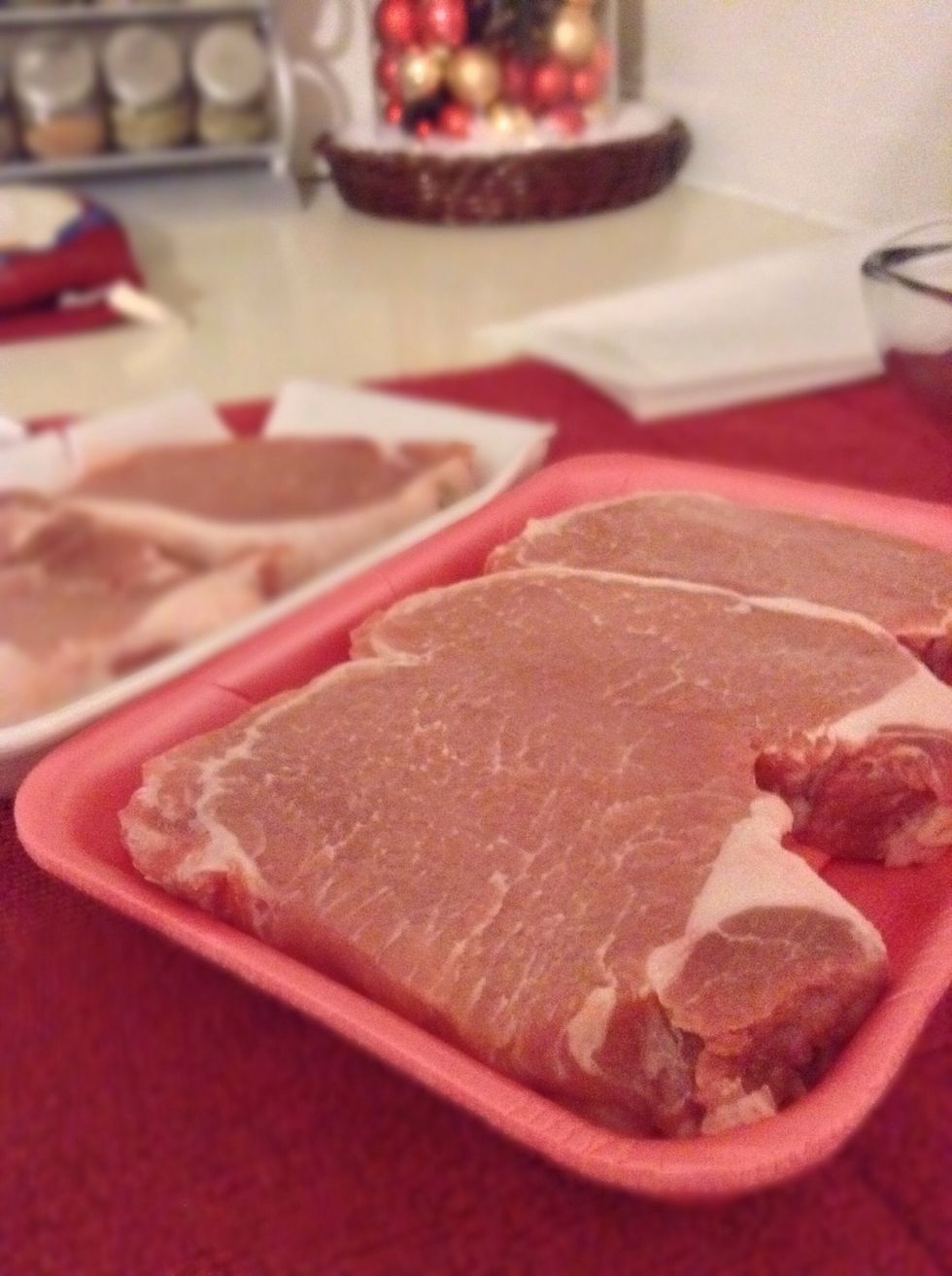 Well hello everyone! Let's get started on this lovely dish!! First things first get your pork chops out :D!