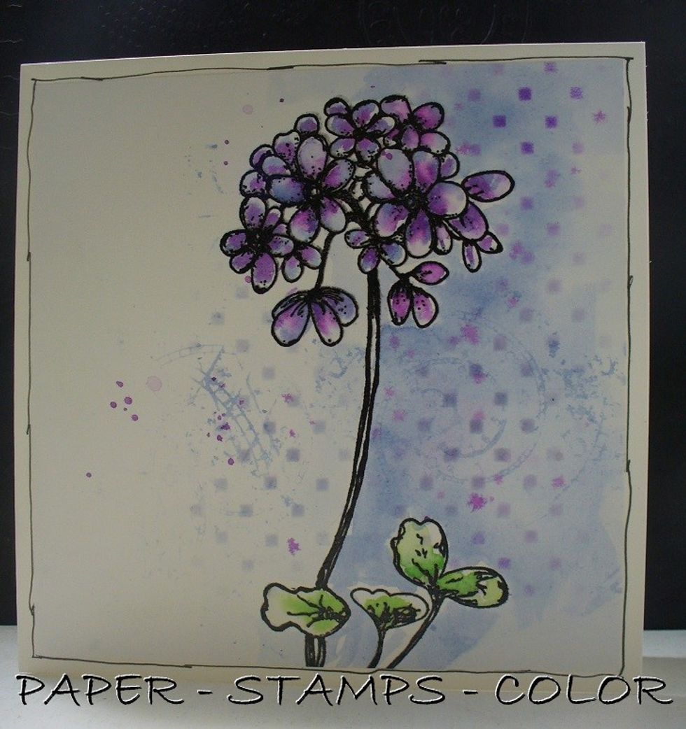 Wet cardstock around image and drop Stargazer Minx ink into it; splatter with the Majestic Minx ink. Use the Minx inks to stamp with after dabbing the ink onto the Katzelkraft stamp.