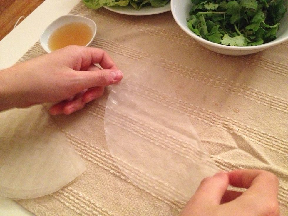 Wet the rice paper in warm water and place on clean dish cloth.