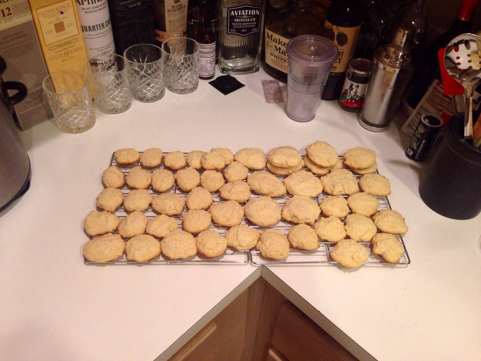 What 2 batches (minus a few) looks like. About 14 large cookies & 3 dozen smaller cookies.