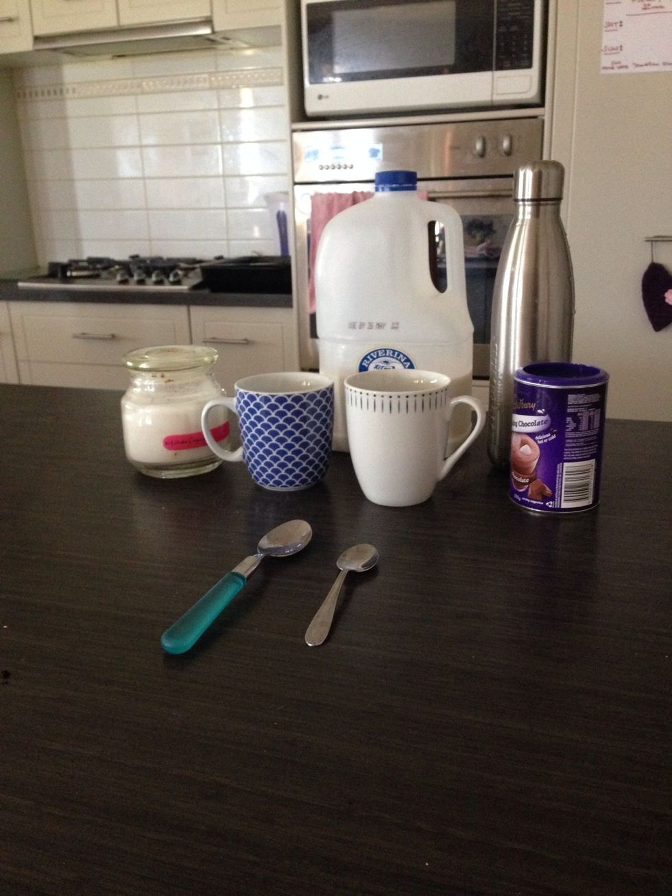 What you need milk , two mugs , drinking chocolate , sugar , table spoon and tea spoon and a stainless steel drinking bottle
