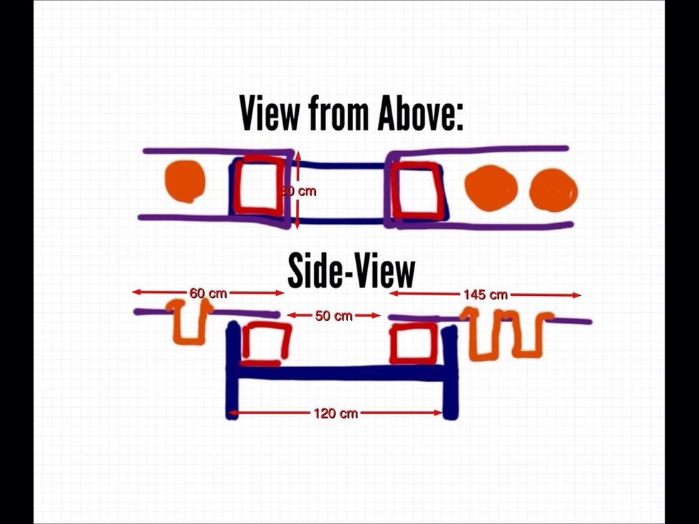 What you see: Orange: Wine Coolers // Red: Boxes // Blue: Frame underneath // Purple: Top Shelf