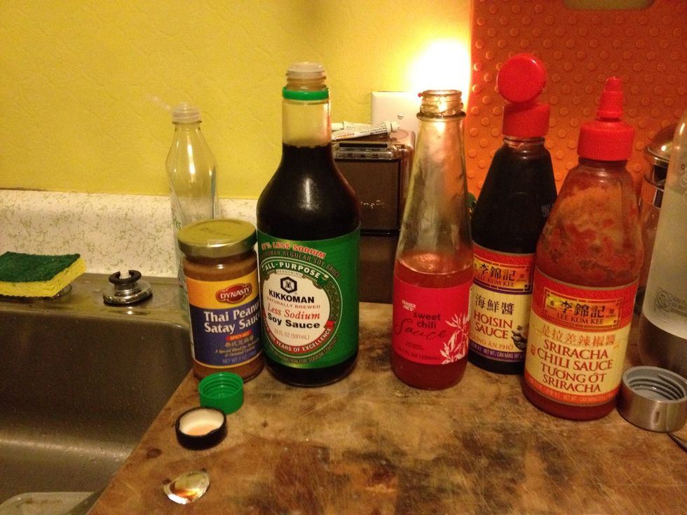 whatever asian sauces you have in your fridge. get fancy and make your own peanut sauce.