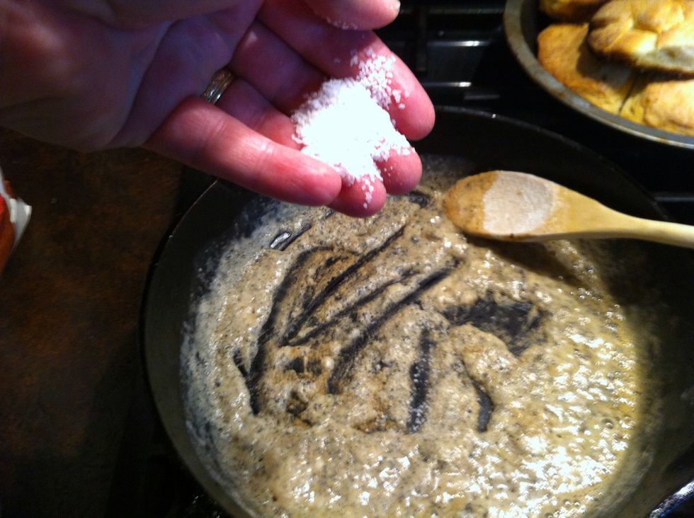 When all flour is well mixed. Add seasonings. There goes the salt.