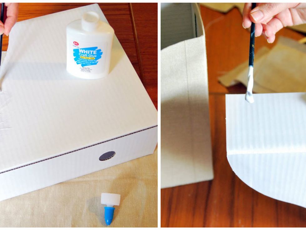 When all the sectors are ready, start sticking them on the boxes: with a brush, spread a thin layer of glue on the box and press the fabric to the box.