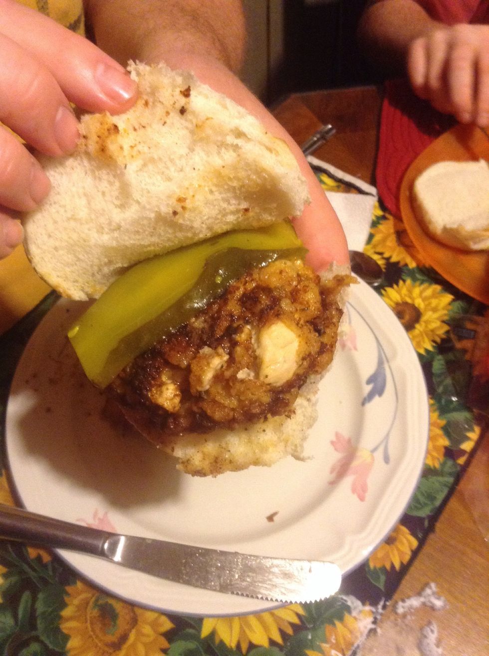 When all your chicken is done, place on a bun and garnish with a pickle or three and enjoy your juicy copy-cat chick-Fil-gay sandwich hate and homophobia free!