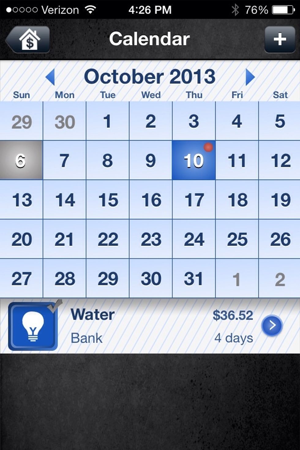 When bills have been added the due dates of your bills will show up in the applications calendar.