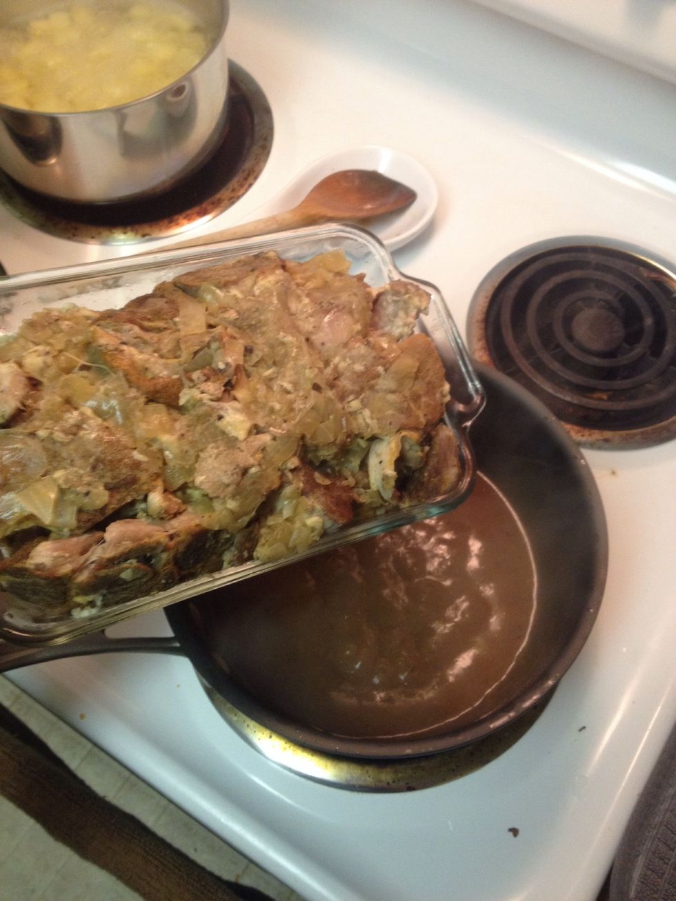 When boiling, add 1 cup of water and stir. Return to the boil then add the pork with the onions. I poured half of the gravy in a dish and reserved half of the pork for dinner the next day!