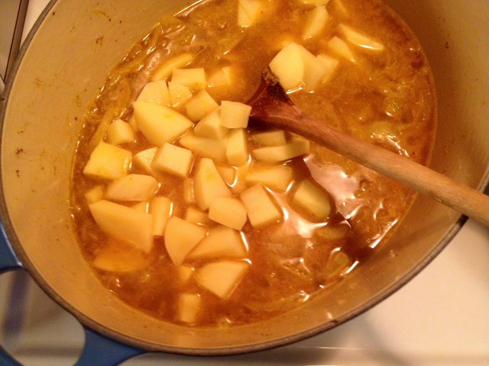 When boiling, add the diced potatoes and allow to simmer for 7 minutes.