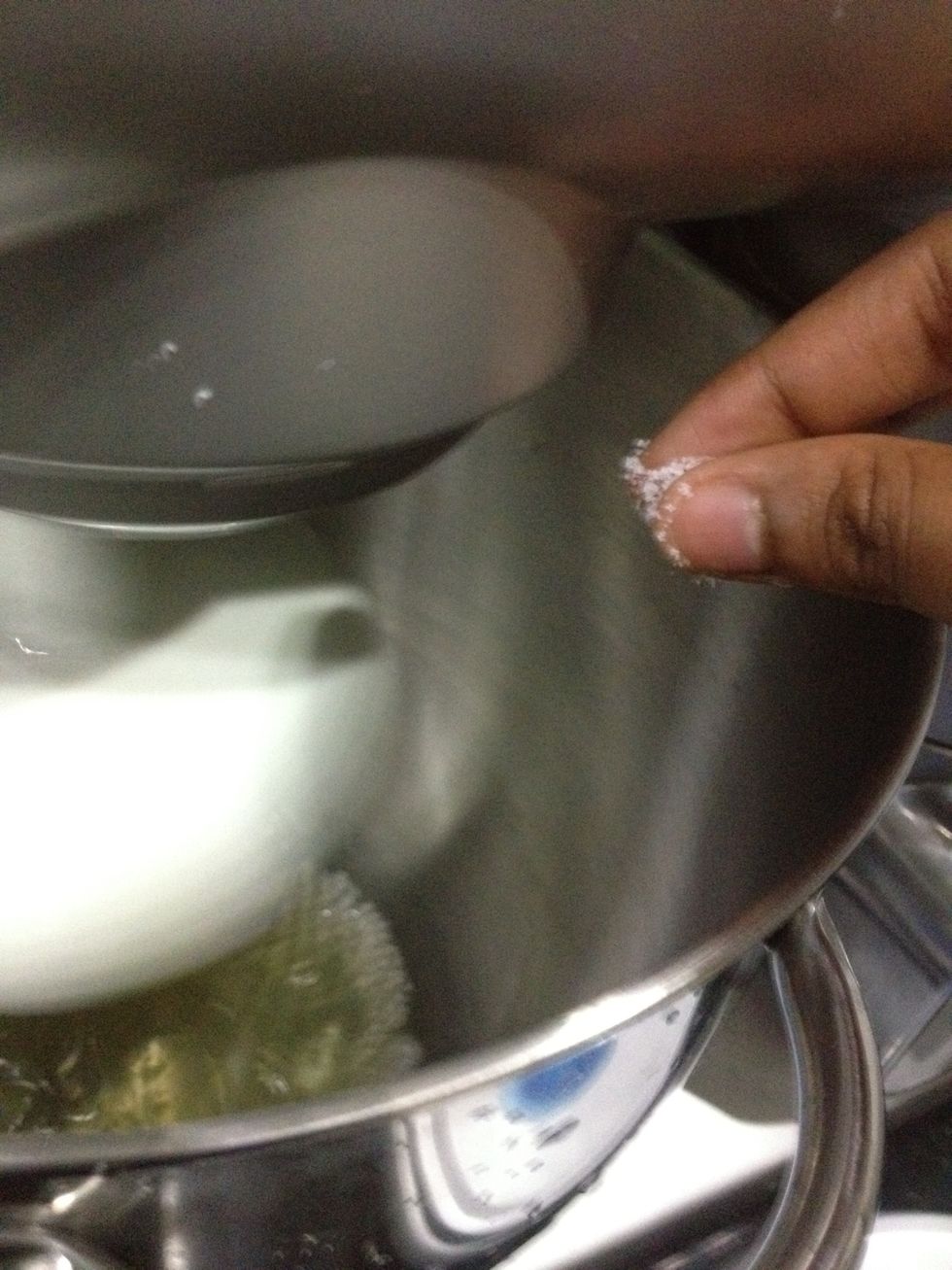 When bubbles start forming, add a pinch of salt. Whip till stuff peaks form.