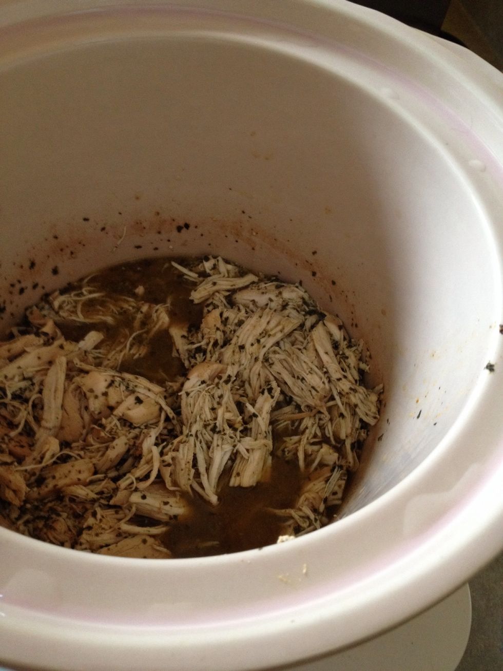 When chicken is cooked & shreds easily, shred all the chicken and allow to sit in the chipotle broth while you prep your potatoes. You can leave the slow cooker on low.