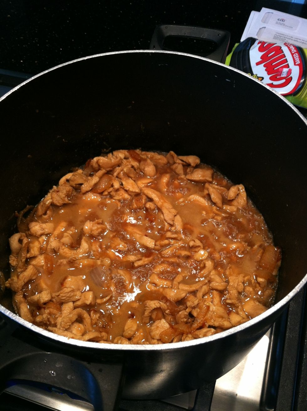 When chicken is fully cooked add a cup of water.