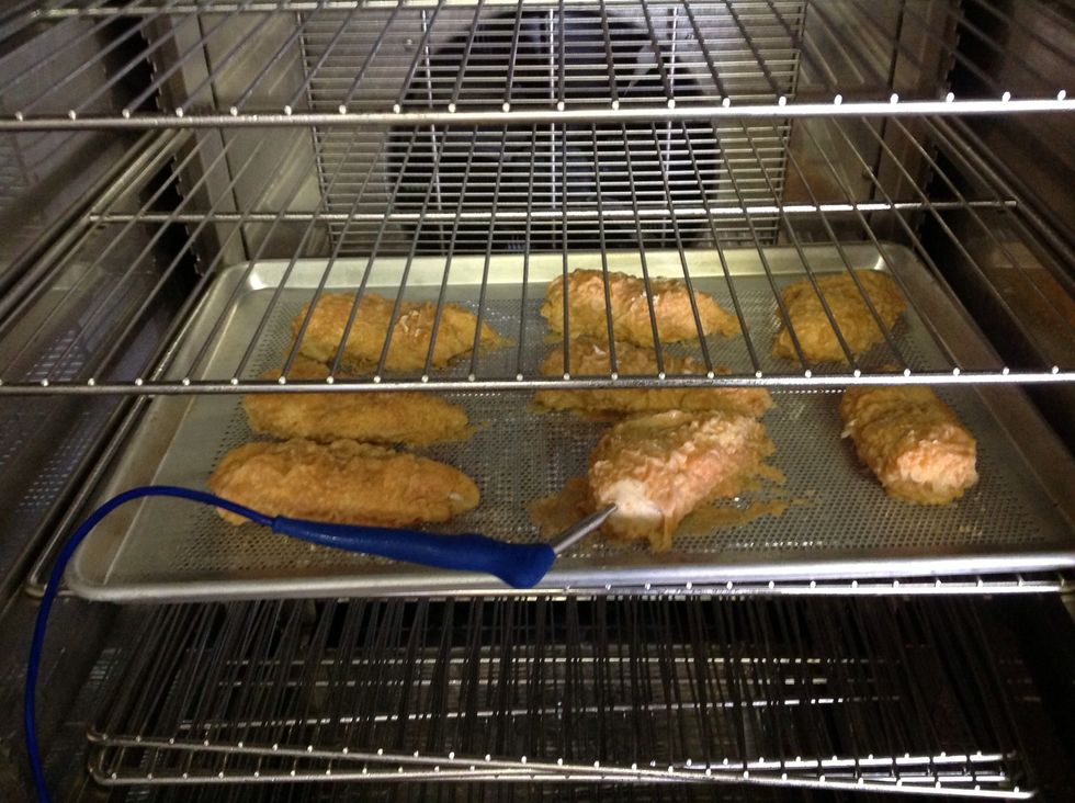 When chicken is fully cooked, remove from Blodgett Combi and put in blast chiller and lower core temp to 32F. Chicken took about 12mins in the Combi.