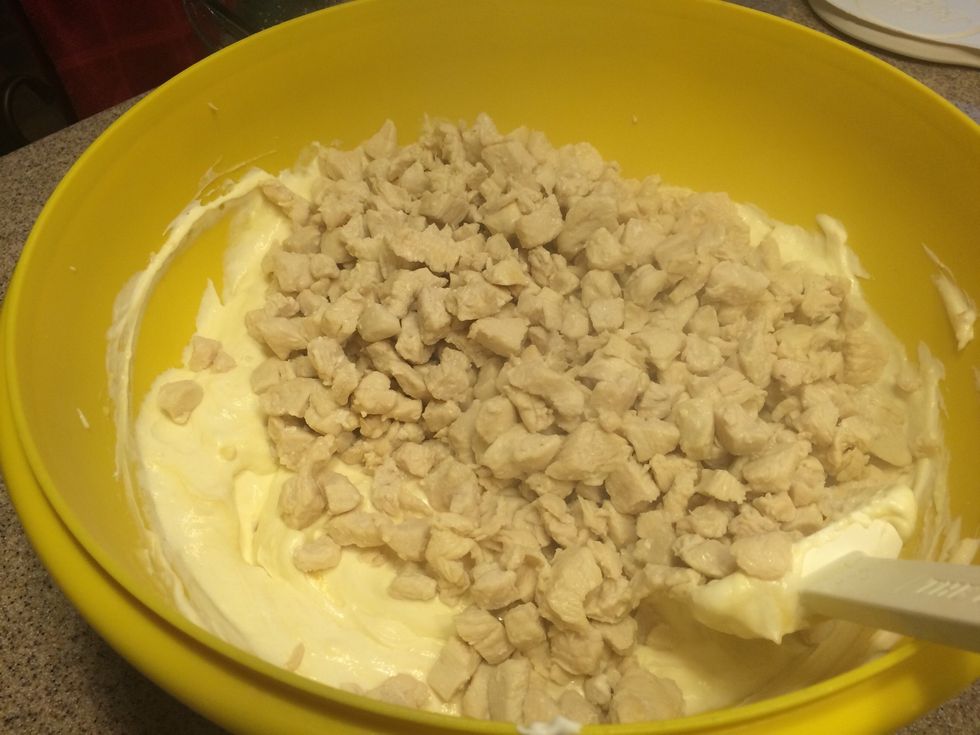 When chickens done, mix in with soup and sour cream.