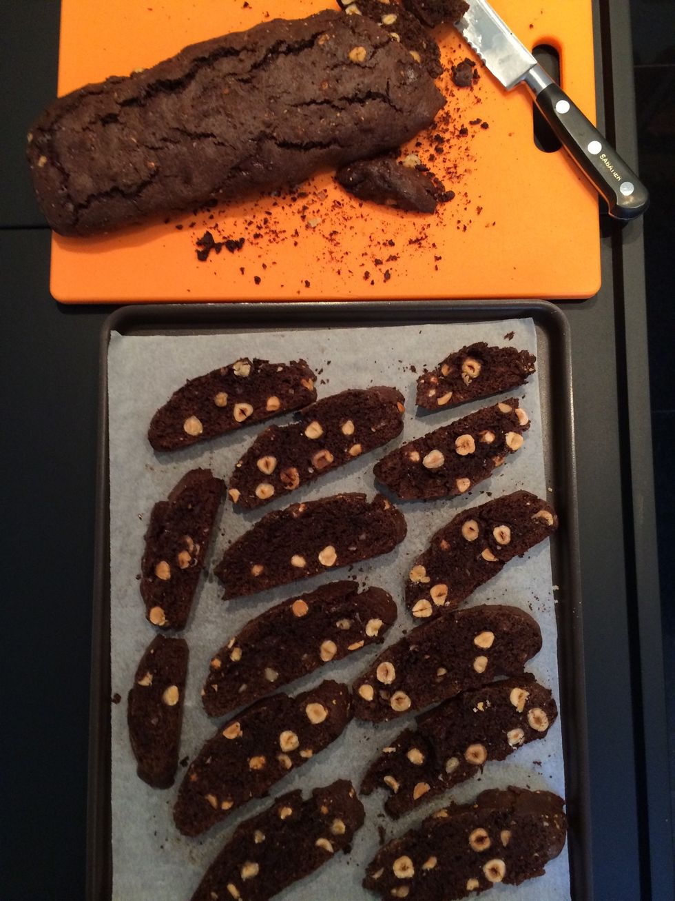 When cold cut into diagonal slices (traditional). Put back on the tray and rebake 20 mins on each side in a 120C oven