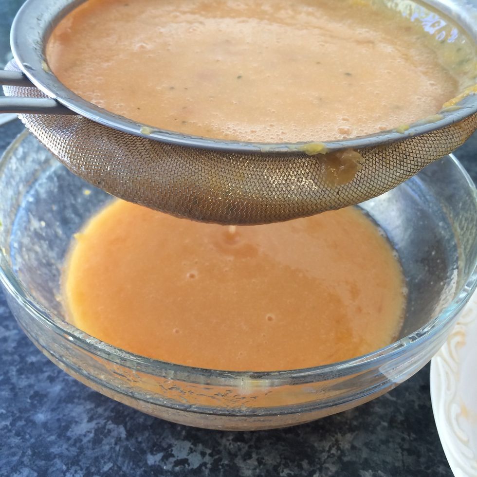 When cooled place in a blender and whizz away. Strain through a sieve.