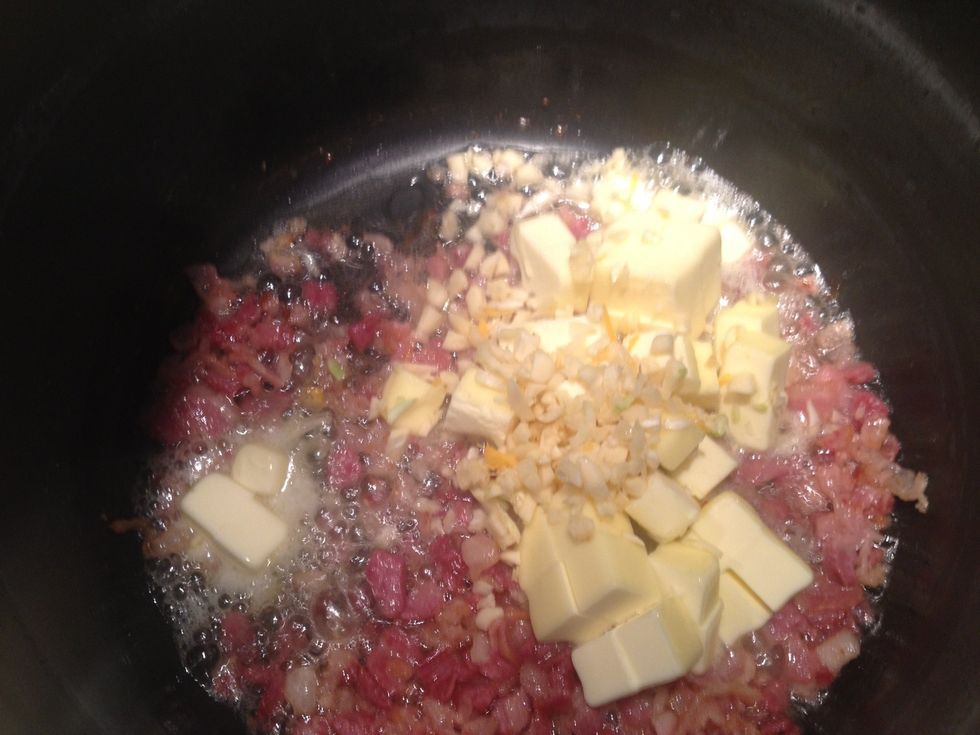 When crispy, add in your butter and garlic. Saut\u00e9 for about one minute, just until fragrant.