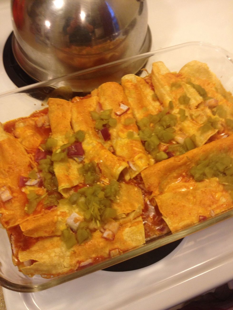 When done get enchiladas out of oven and serve