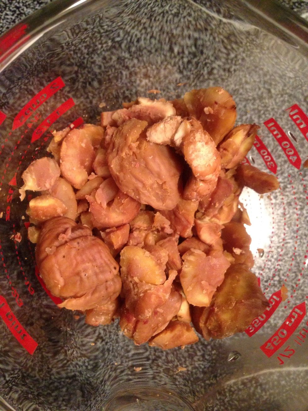 When done peeling the chestnuts, you should have about 2 cups of peeled chestnuts.