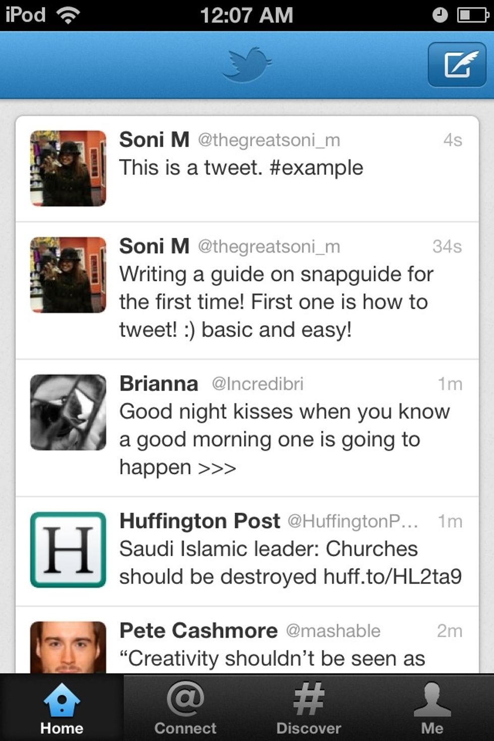When done, press the 'tweet' button at the top right corner, and it will appear on your newsfeed. Congrats, you tweeted! :)