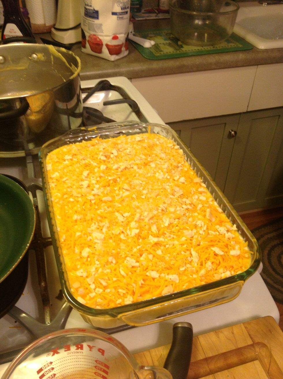 When done, put in over for 35 minutes if you intend to reheat the pan the next day. Cook for 45 minutes if you intend to eat it the same day. When done, the cheese cooks to a golden brown crust.