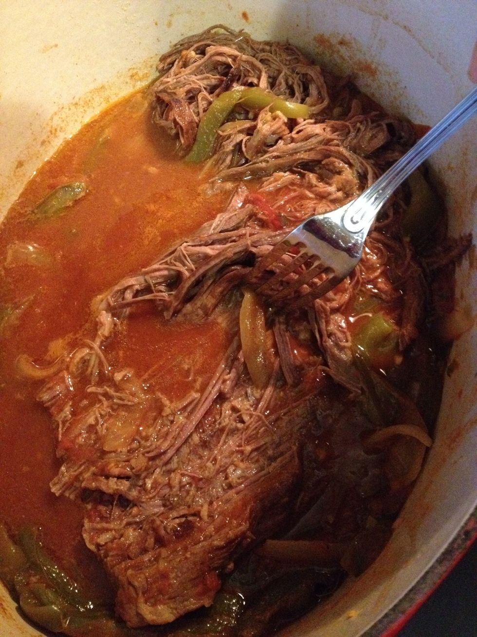 When done, use 2 forks and shred the flank steak.