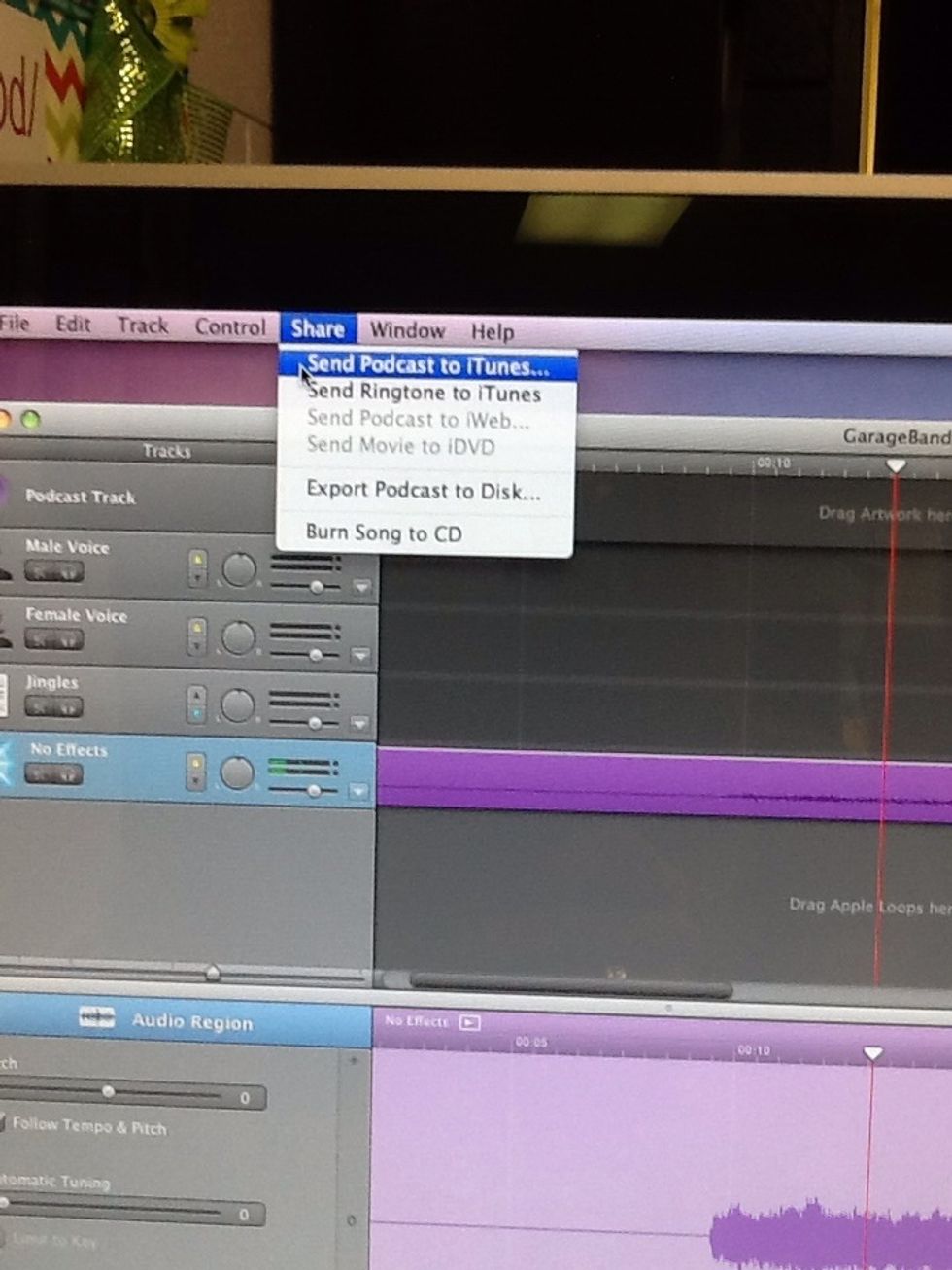 When finished editing, Click "Share" and then "Send Podcast to iTunes"