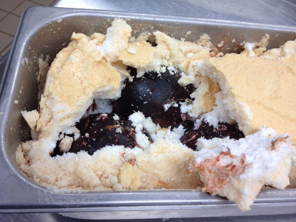 When finished removed beets from egg whites and take the skin off. Slice or dice the beets for service.