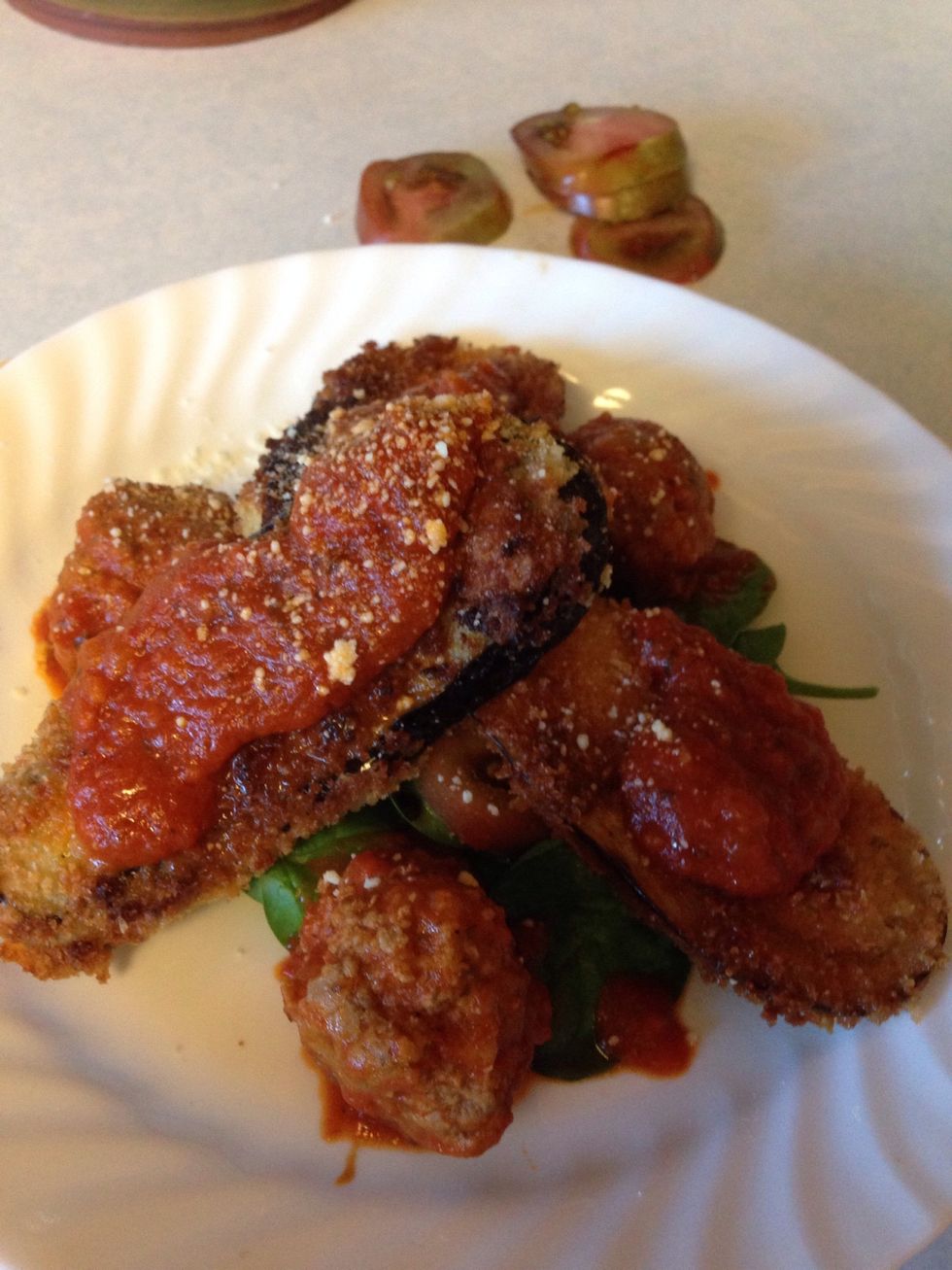 When finished, top with some tomato sauce! I added some meatballs, and spinach! Yummy!
