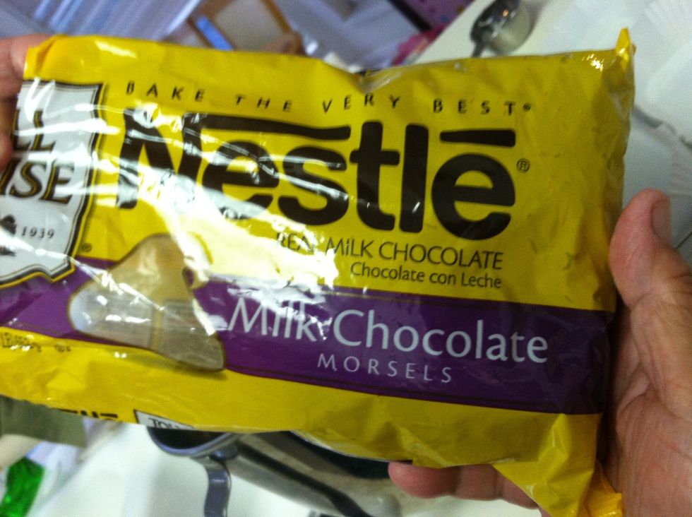 When finished with mixing the batter, you may add chocolate chips if you want. I prefer milk chocolate, but you can use any kind of chocolate.