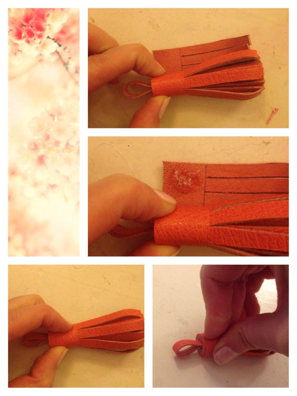 When getting to the end, make the last glue-dot, roll up the tassle and press it down until the glue has dried.
