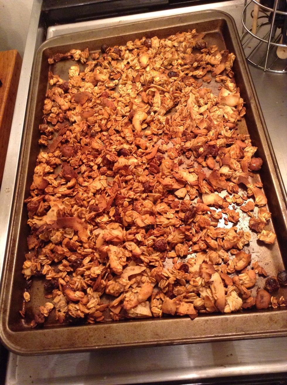 When granola is a golden brown color remove from oven. Be careful it can burn quickly