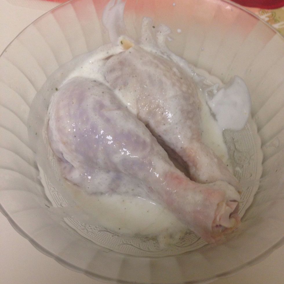 When I try something new, I start off with small amount. So I only used 2 drumsticks. In here I covered the chicken with plain yogurt since I don't have buttermilk. I let mine chill overnight.