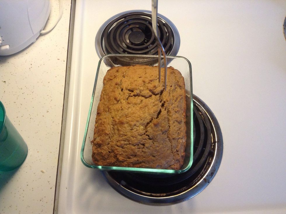 When it comes out make sure to check and see if it is done by stickin a fork in it. If it comes out clean put it on a wire rack to cool, if it comes out wet stick it back it for a few minuets
