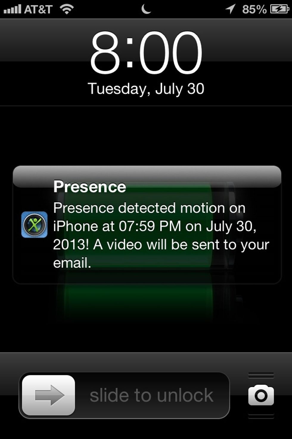 When it detects movement it'll do two things. First it'll send a notification to your Away device to let you know. So you can open your app and view what motion it detected.