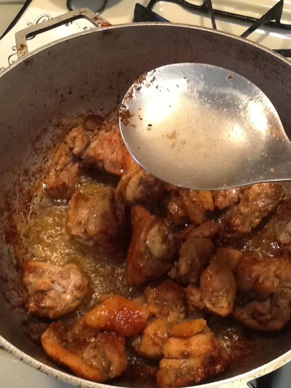 When it has browned we will add a few tablespoons of water. The idea is to braise the chicken not boil it. This brings out the flavors.