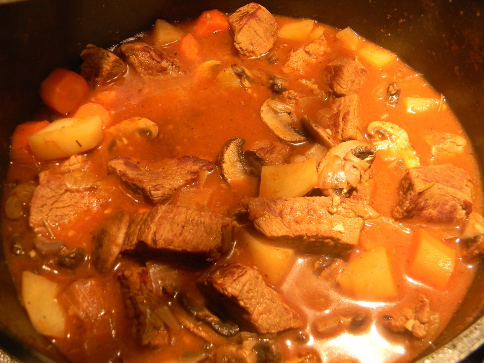 When it is done, the meat should be tender and the potatoes and carrots soft.